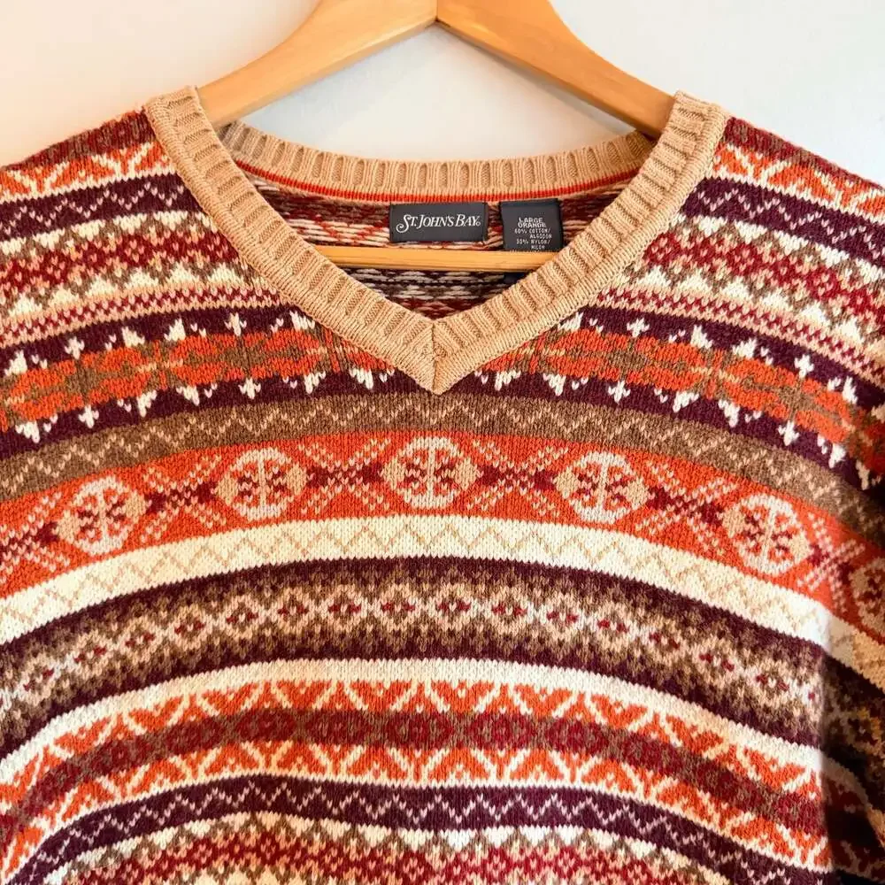 Vintage St. John's Bay Men's Large Geometric Fair Isle V-Neck Knit Sweater Large